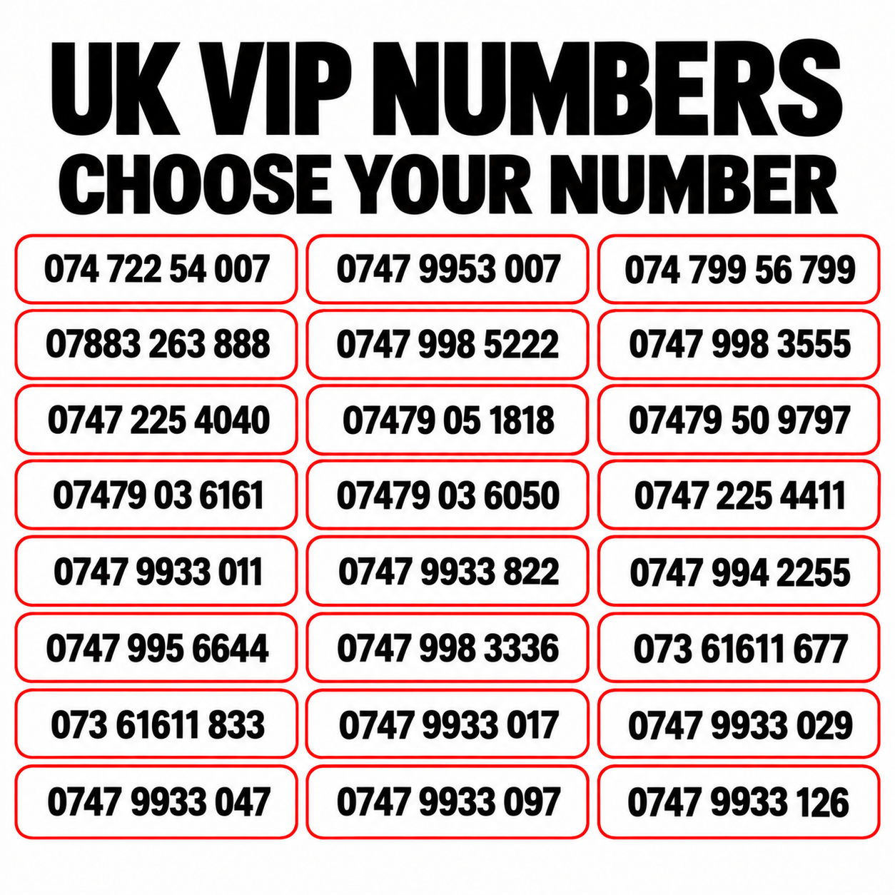 Three VIP numbers UK with memorable mobile number patterns including 007, 4040, 2222 and other easy-to-remember UK phone numbers, choose your own mobile number