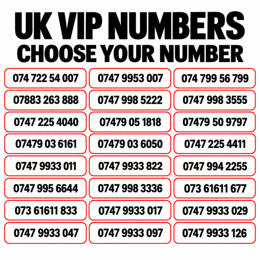 Three VIP numbers UK with memorable mobile number patterns including 007, 4040, 2222 and other easy-to-remember UK phone numbers, choose your own mobile number