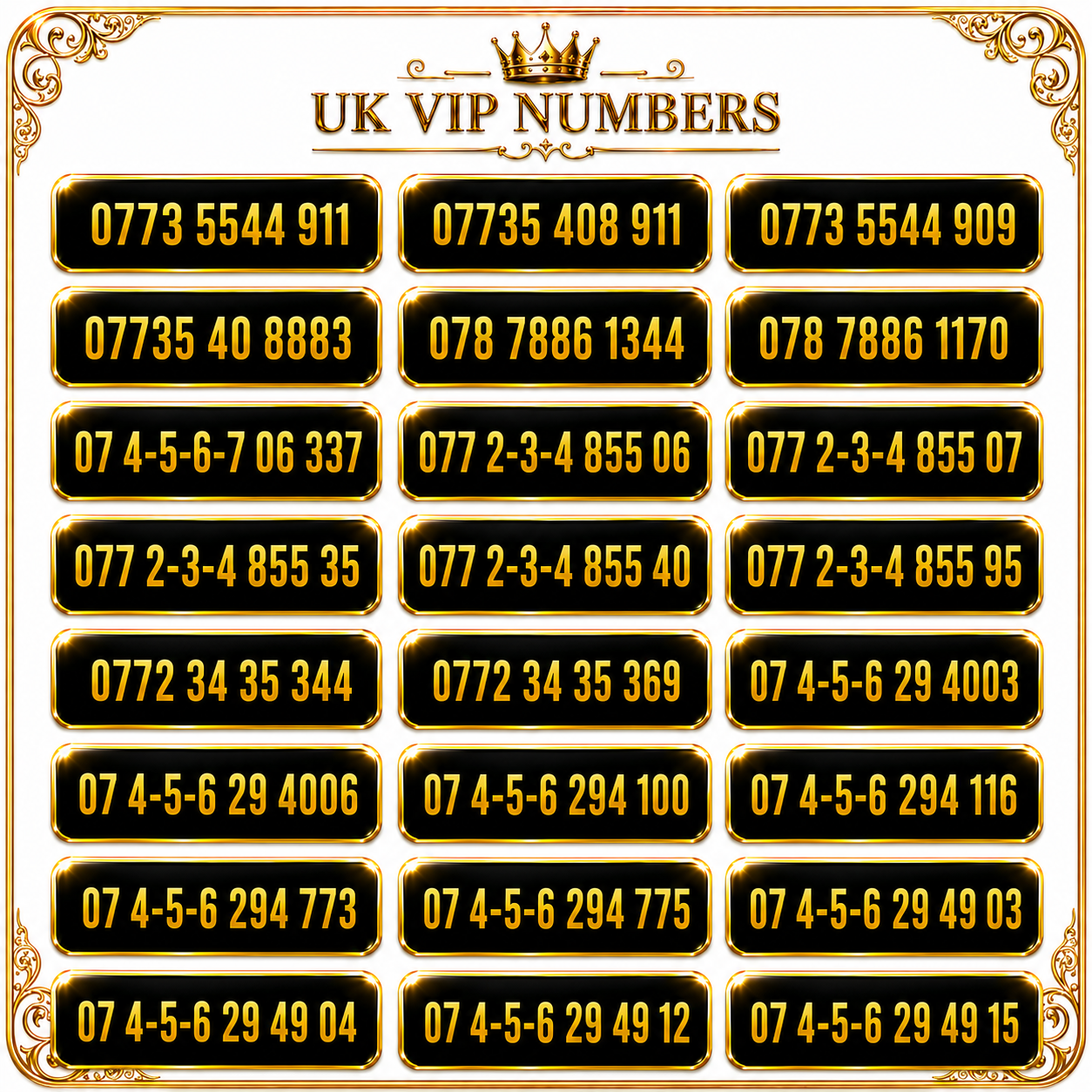 Three VIP mobile numbers UK with memorable gold, repeating and sequence number patterns
