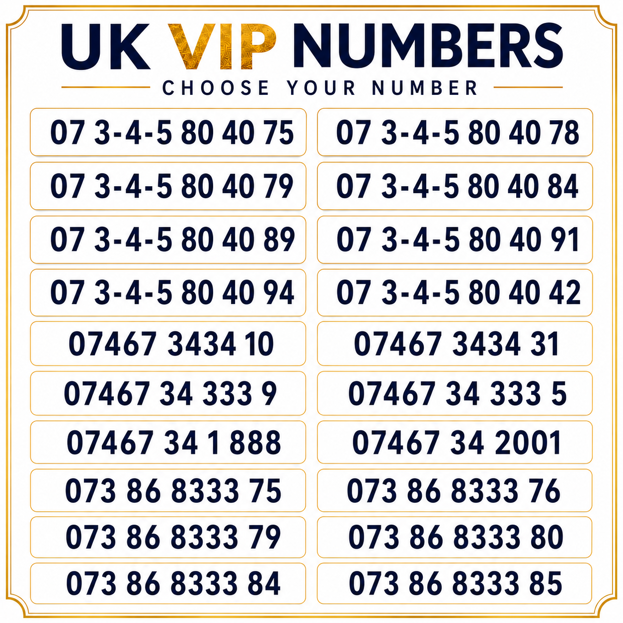 UK VIP numbers with 07345, 07467 and 07386 memorable gold mobile number options