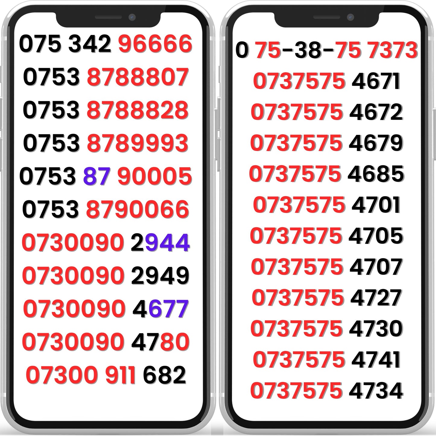 Two smartphones displaying UK gold VIP mobile numbers with repeating patterns  0737575 — gold numbers and VIP numbers for sale in the UK.