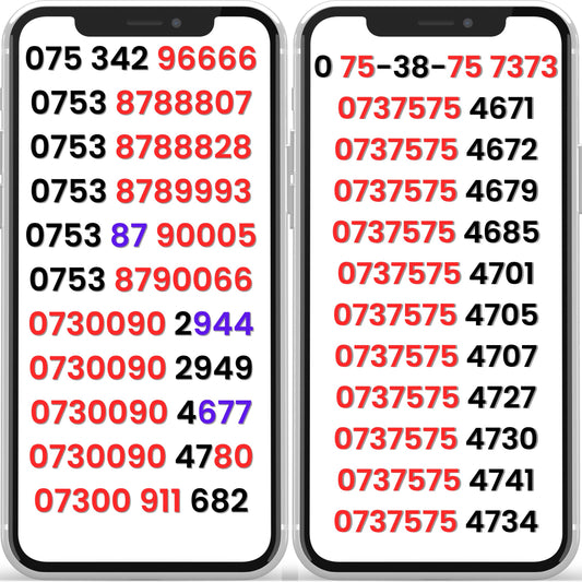 Two smartphones displaying UK gold VIP mobile numbers with repeating patterns  0737575 — gold numbers and VIP numbers for sale in the UK.