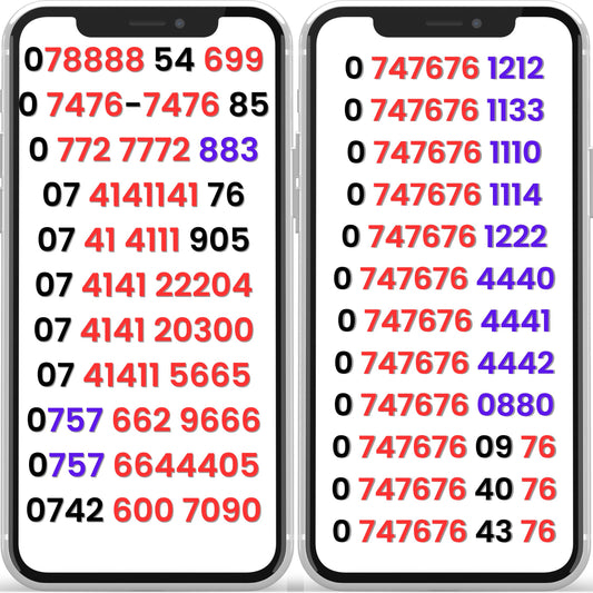 Display of UK VIP mobile numbers and gold numbers starting with 0747676, 0757, and 078888 on smartphone screens. Premium SMARTY and UK mobile numbers available for sale with free UK delivery.