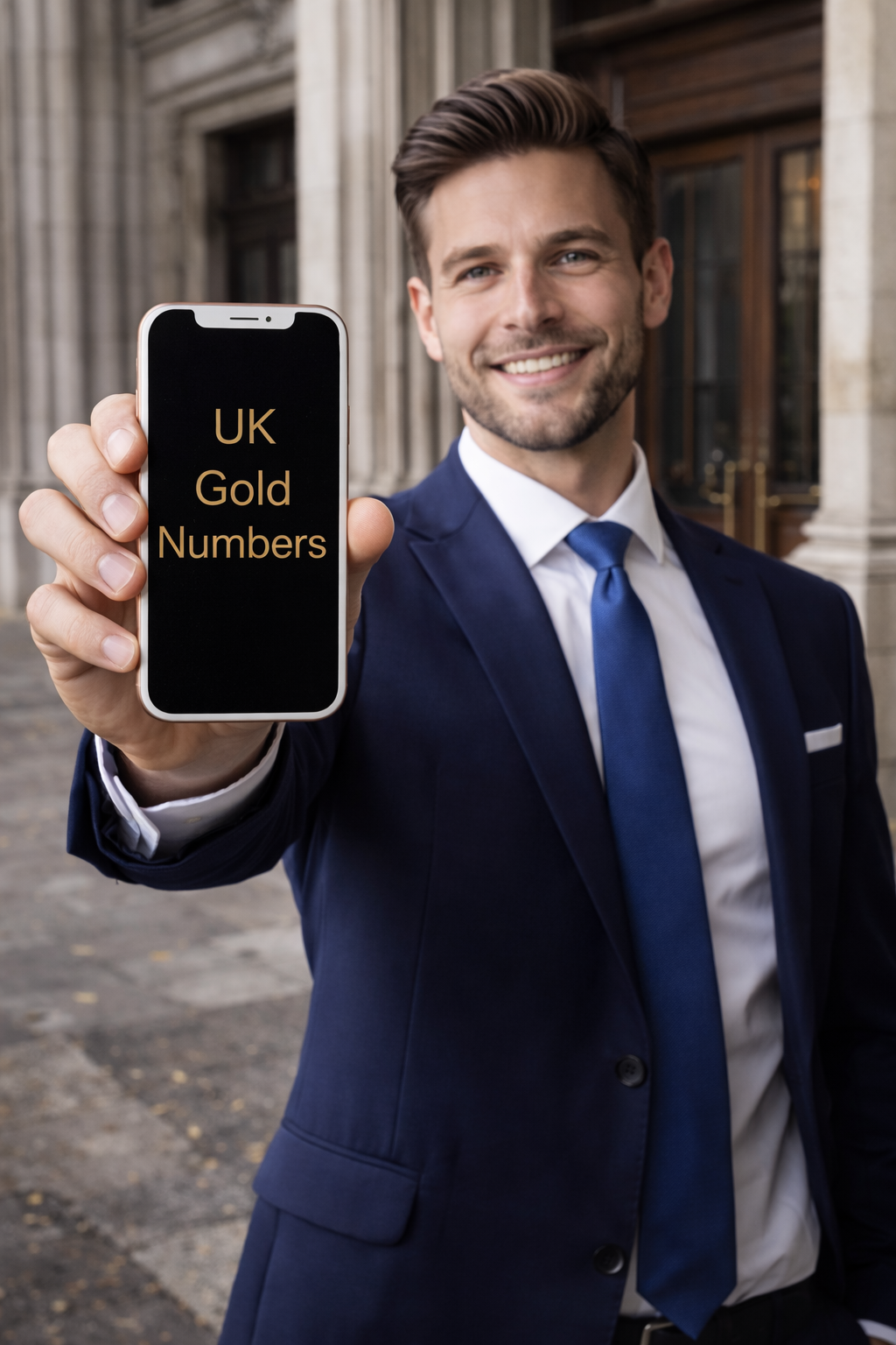 Business owner holding smartphone displaying UK Gold Numbers – VIP mobile numbers UK available to buy