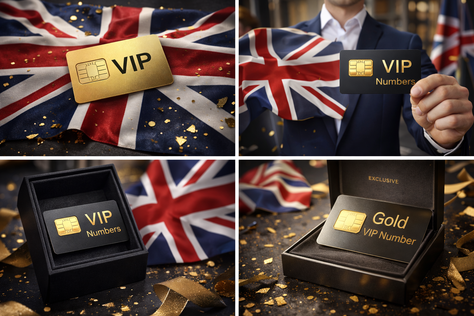 UK VIP gold mobile numbers SIM card displayed in luxury packaging with Union Jack flag background