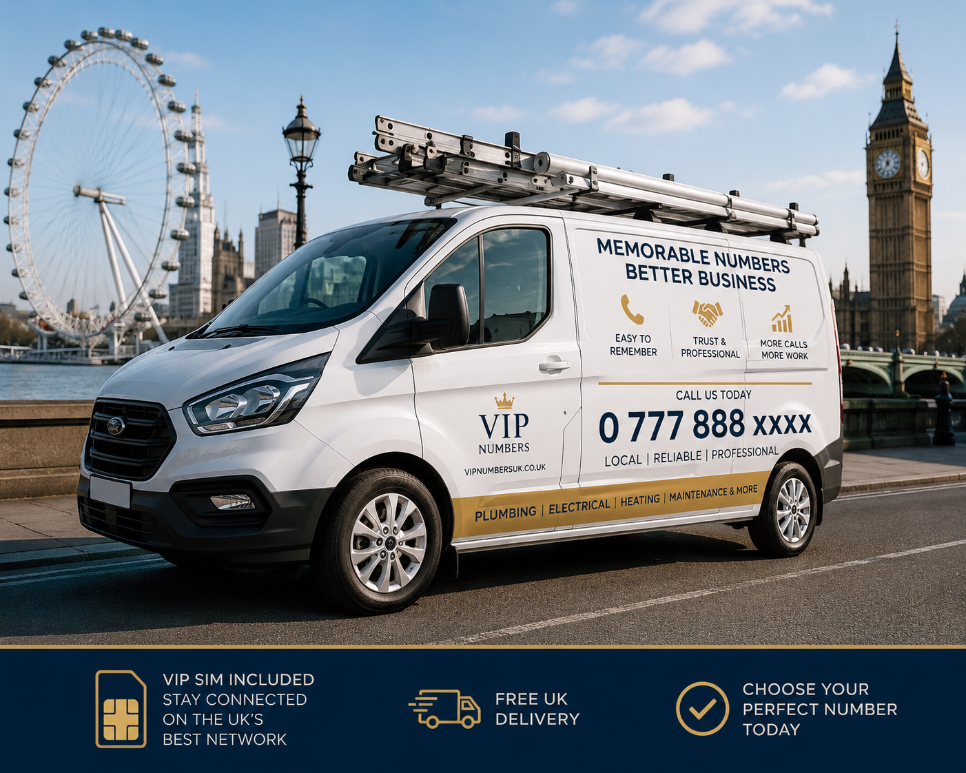 London service van with UK gold number showing how VIP numbers help business calls