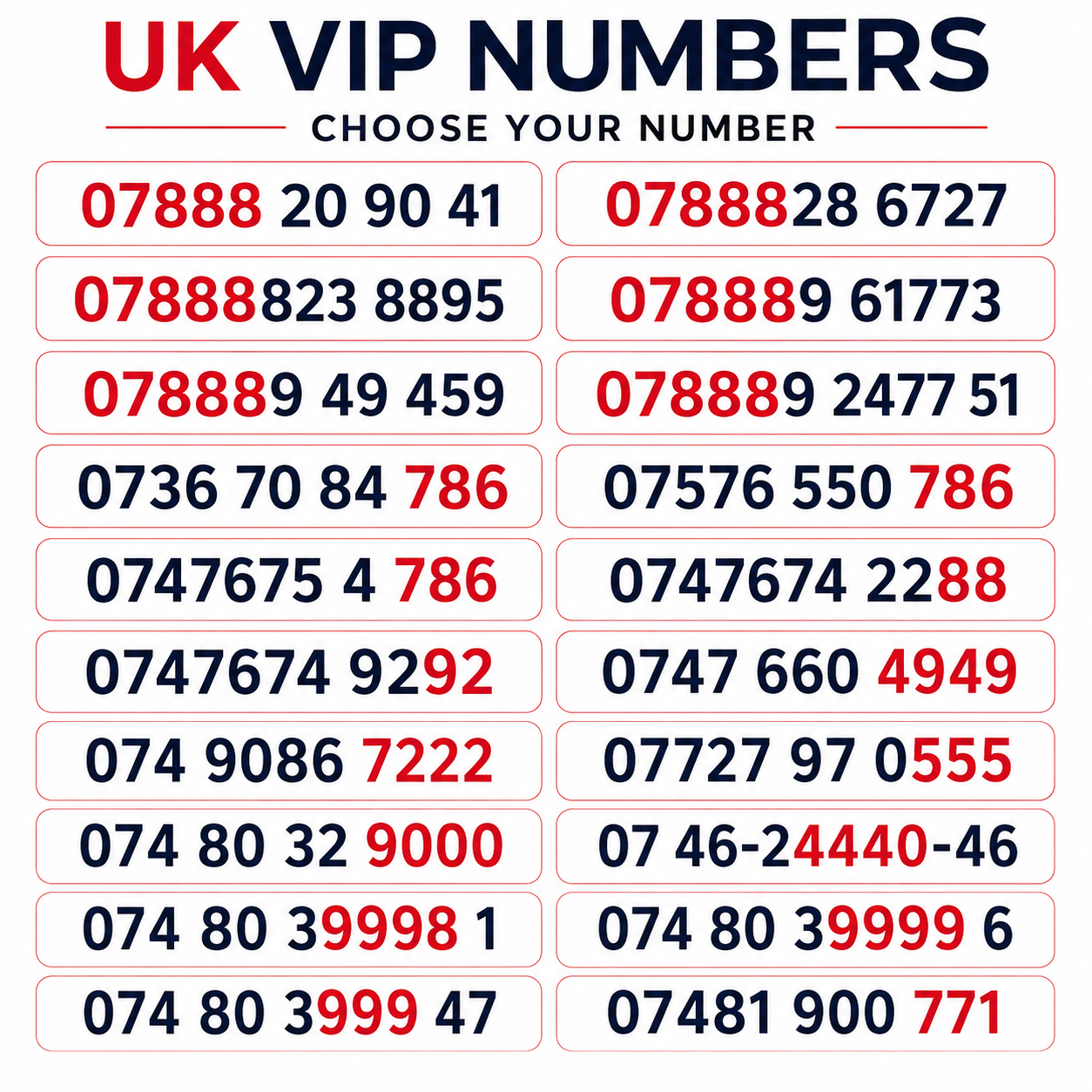 UK VIP numbers image showing memorable mobile numbers with highlighted 07888, 786, 222, 9000 and 4949 patterns