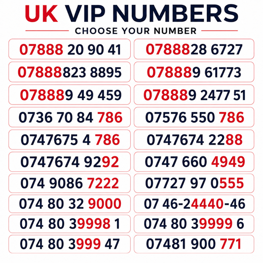 UK VIP numbers image showing memorable mobile numbers with highlighted 07888, 786, 222, 9000 and 4949 patterns