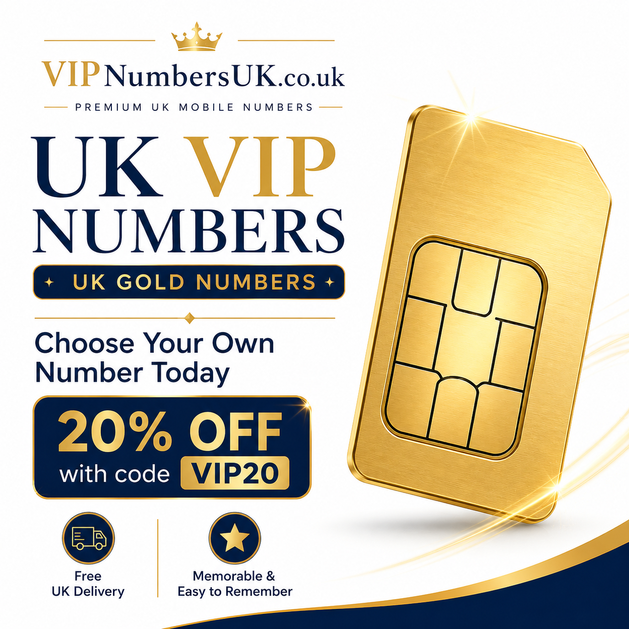 VIPNumbersUK premium UK gold numbers with golden SIM card and VIP20 discount