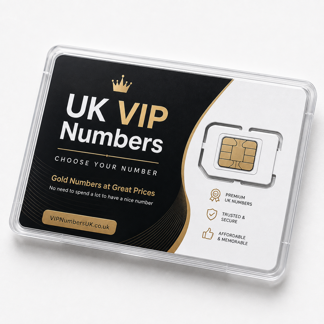 UK VIP numbers SIM card case promoting affordable gold numbers