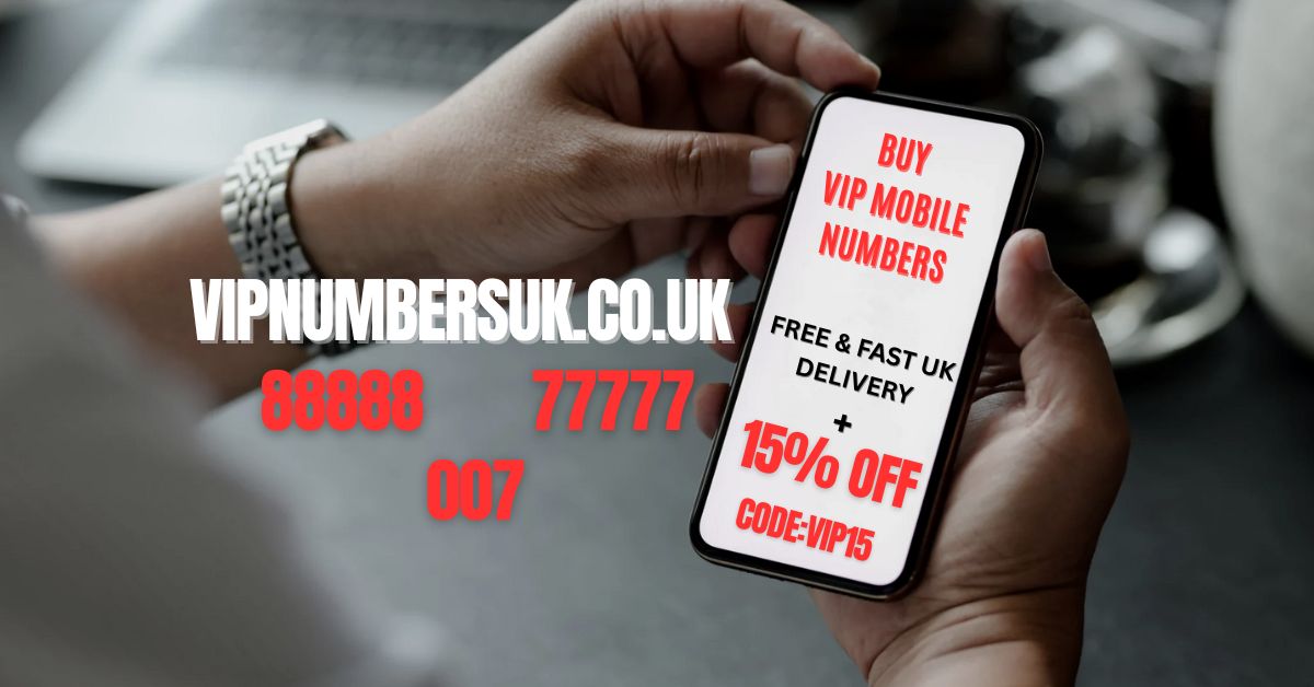 Person holding a smartphone with VIP numbers advertisement on a blurred background