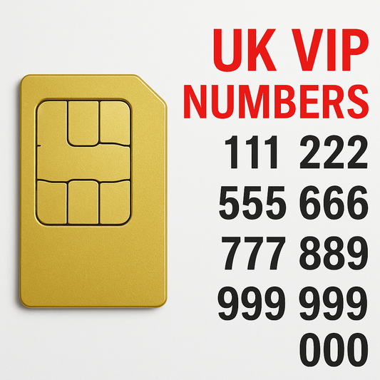 Premium UK VIP gold SIM card with red text “UK VIP Numbers” and black repeating number patterns 111, 222, 555, 666, 777, 888, 999, and 000 on a clean white background.