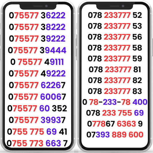 Vodafone UK VIP mobile numbers collection showing premium gold number patterns on smartphones