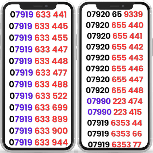 Vodafone VIP gold mobile numbers UK displayed on two phones with memorable patterns such as 633, 655, 9339 and repeating digit combinations