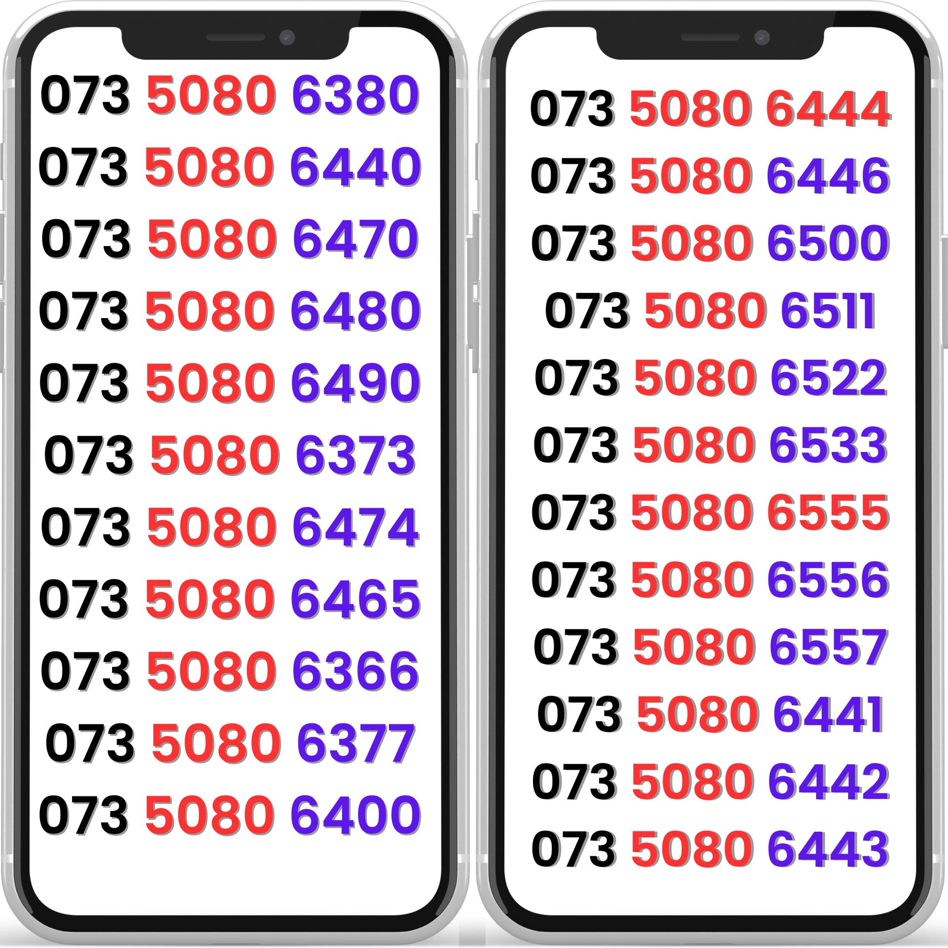 Two smartphones displaying UK gold VIP mobile numbers with 0735080 series patterns — repeating 5080 gold numbers collection.