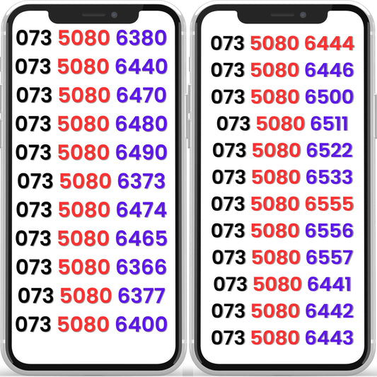 Two smartphones displaying UK gold VIP mobile numbers with 0735080 series patterns — repeating 5080 gold numbers collection.