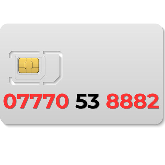VIP gold mobile number 07770538882 with lucky 888 pattern ending in 2