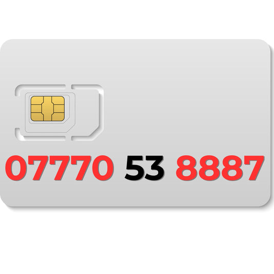 VIP gold mobile number 07770538887 with lucky 888 sequence ending in 7